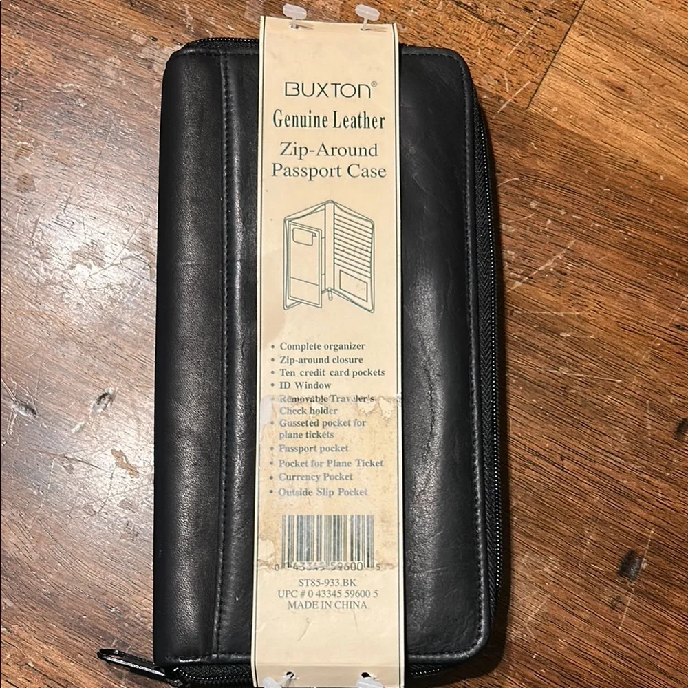 Buxton Black Genuine Leather Zip-Around Passport Case